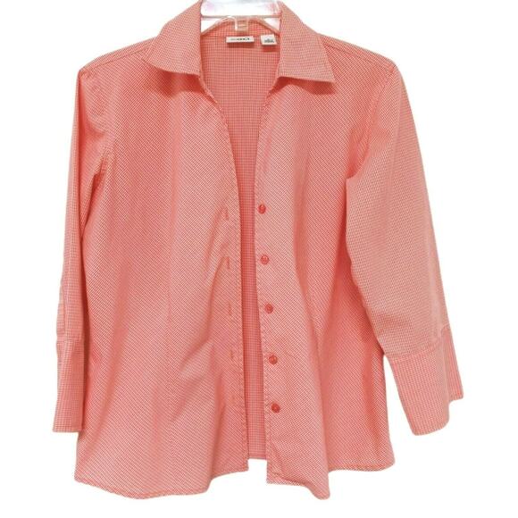 Cato Orange Checked Blouse 🧡🤍 Button Down Shacket Small 3/4 Sleeve Lightweight - Picture 4 of 15